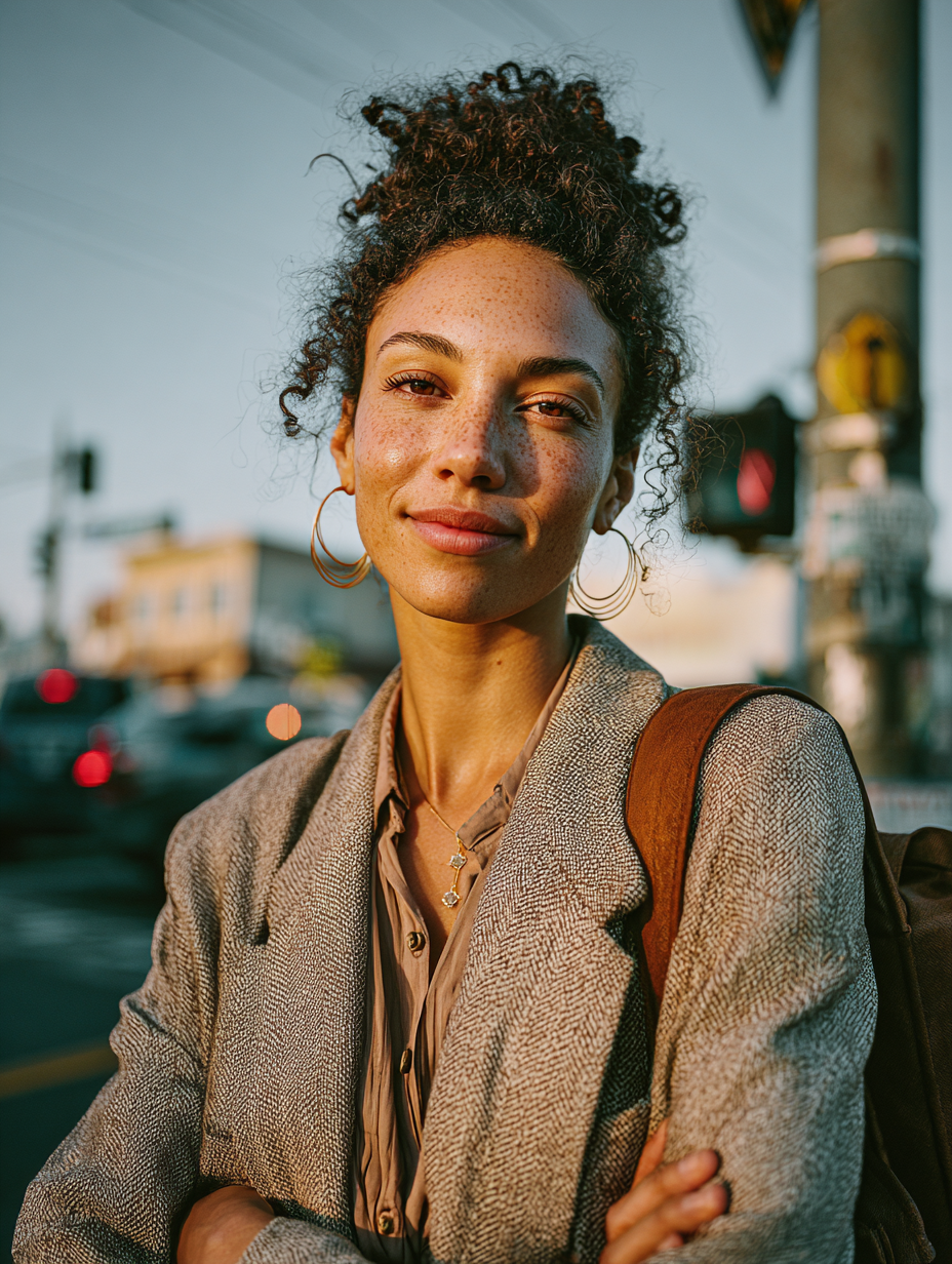 Portrait of a woman at a city street corner